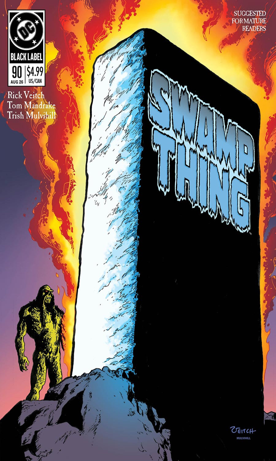 Comic book cover of 'Swamp Thing' with a character standing in front of a large stone block.
