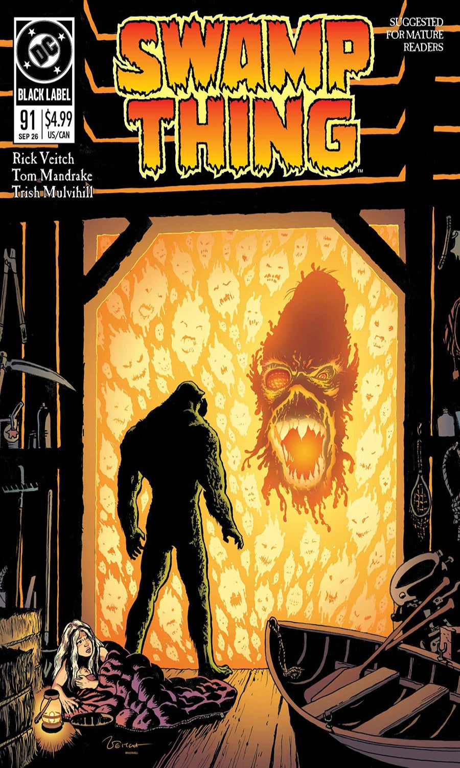 Comic book cover of 'Swamp Thing' with a silhouette of a creature and fiery background.