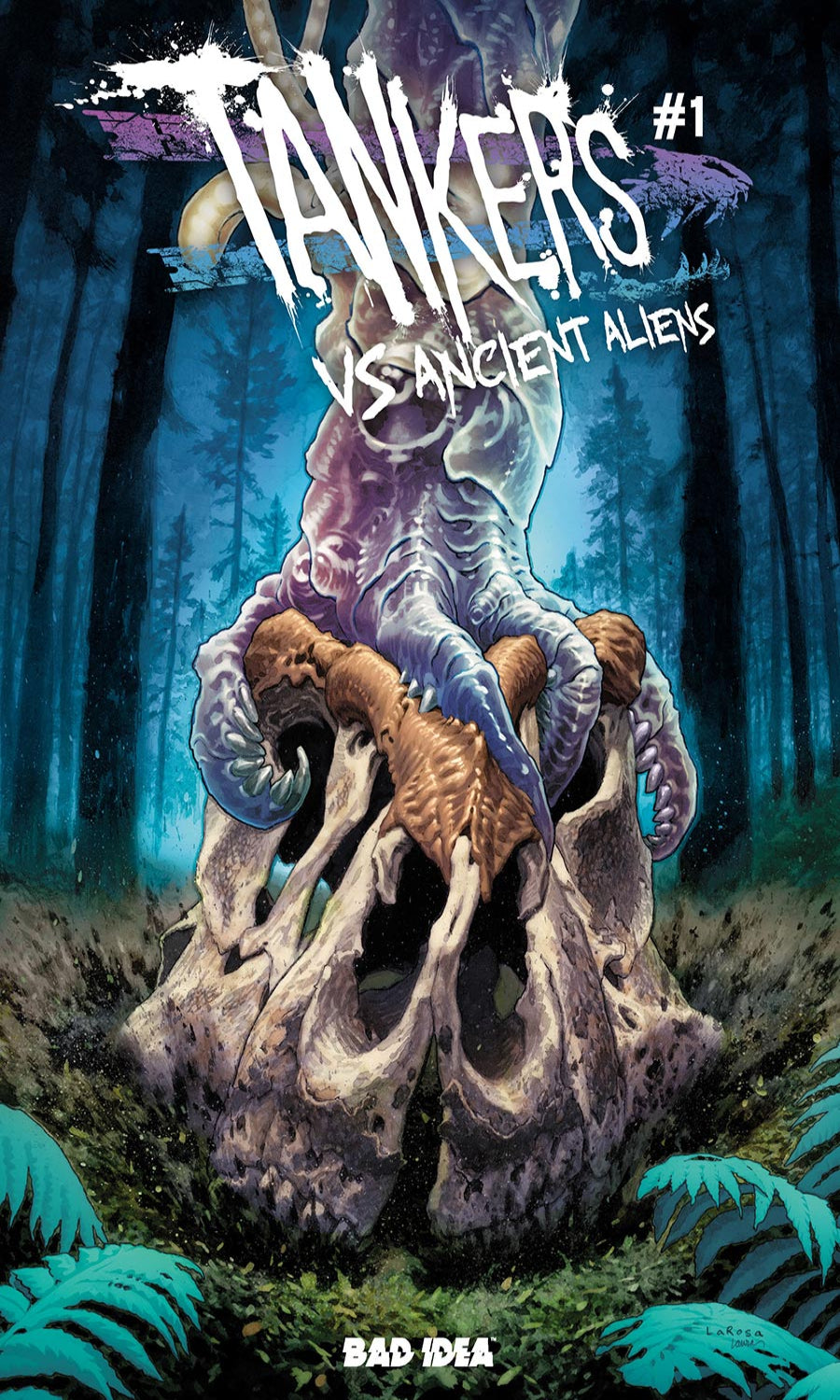 Comic book cover titled 'Tankers vs Ancient Aliens' with a creature in a forest setting.