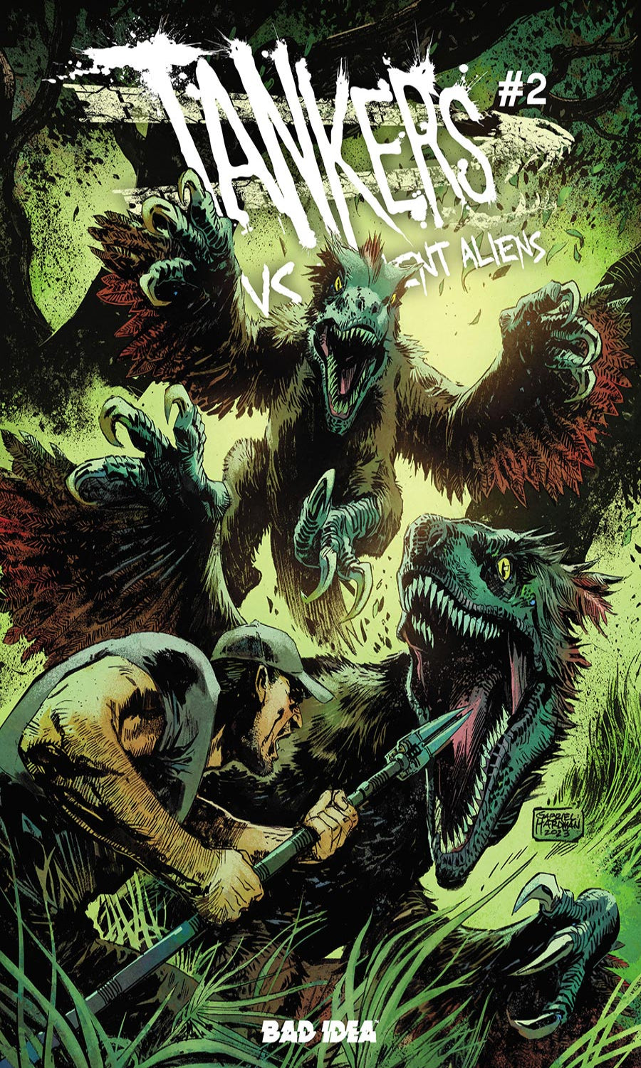 Comic book cover featuring a warrior and giant birds with text 'Tankers #2 vs Giant Aliens'.