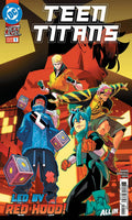 Comic book cover for DC's Teen Titans Issue #1, featuring the main characters in action poses with bold title text and a red/orange background.