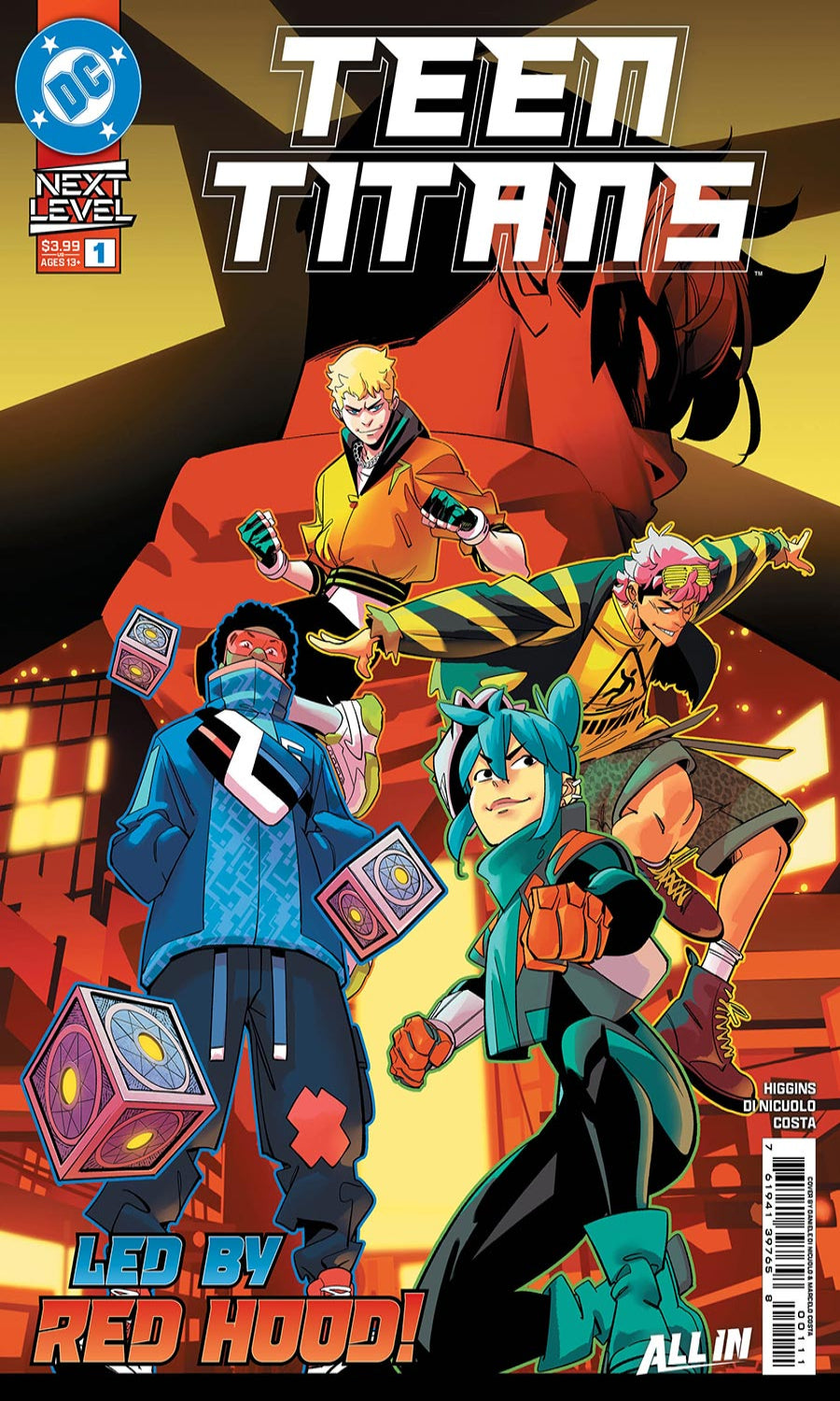 Comic book cover for DC's Teen Titans Issue #1, featuring the main characters in action poses with bold title text and a red/orange background.