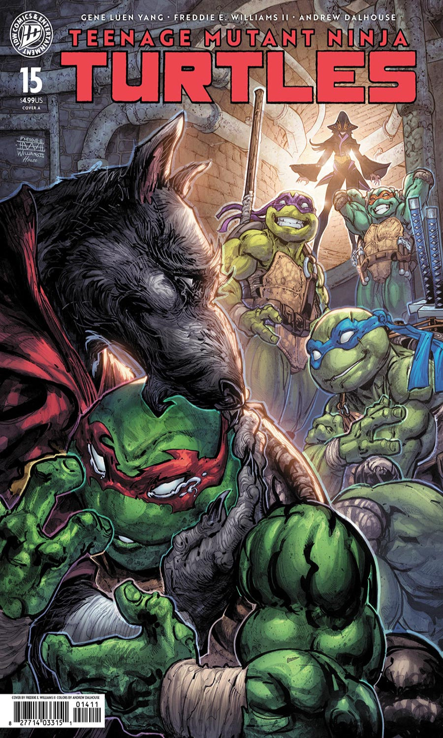 Comic book cover featuring Teenage Mutant Ninja Turtles and a wolf-like character.