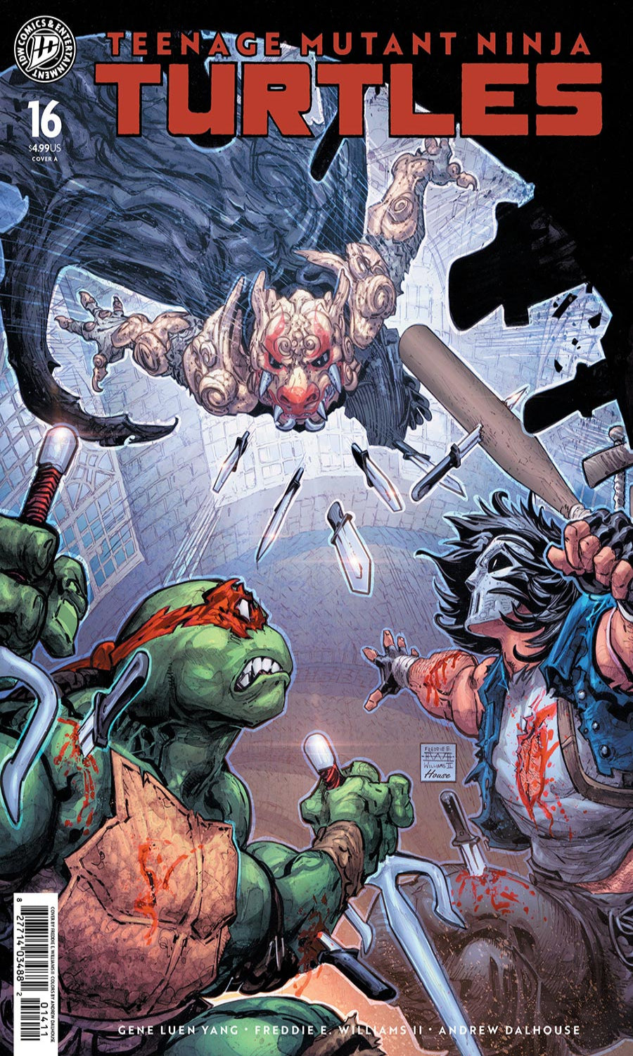 Comic book cover featuring Teenage Mutant Ninja Turtles in action
