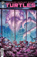 Comic book cover featuring Teenage Mutant Ninja Turtles with a large creature in the background.