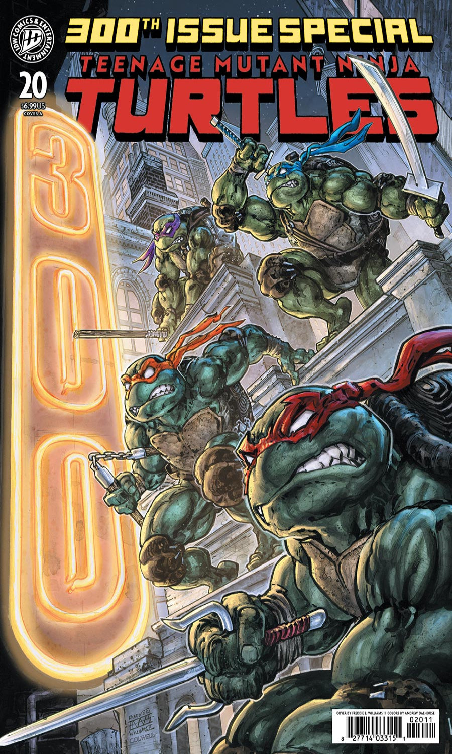 Comic book cover featuring Teenage Mutant Ninja Turtles with a neon sign in the background