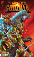 Comic book cover featuring Teenage Mutant Ninja Turtles and Godzilla