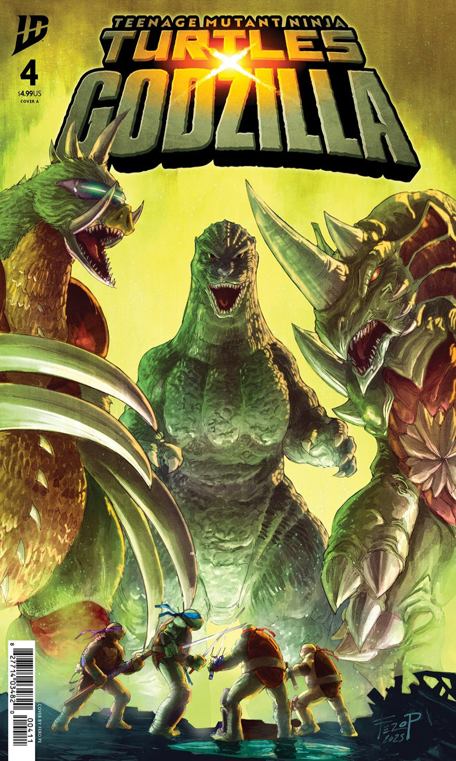 Comic book cover featuring Teenage Mutant Ninja Turtles and Godzilla