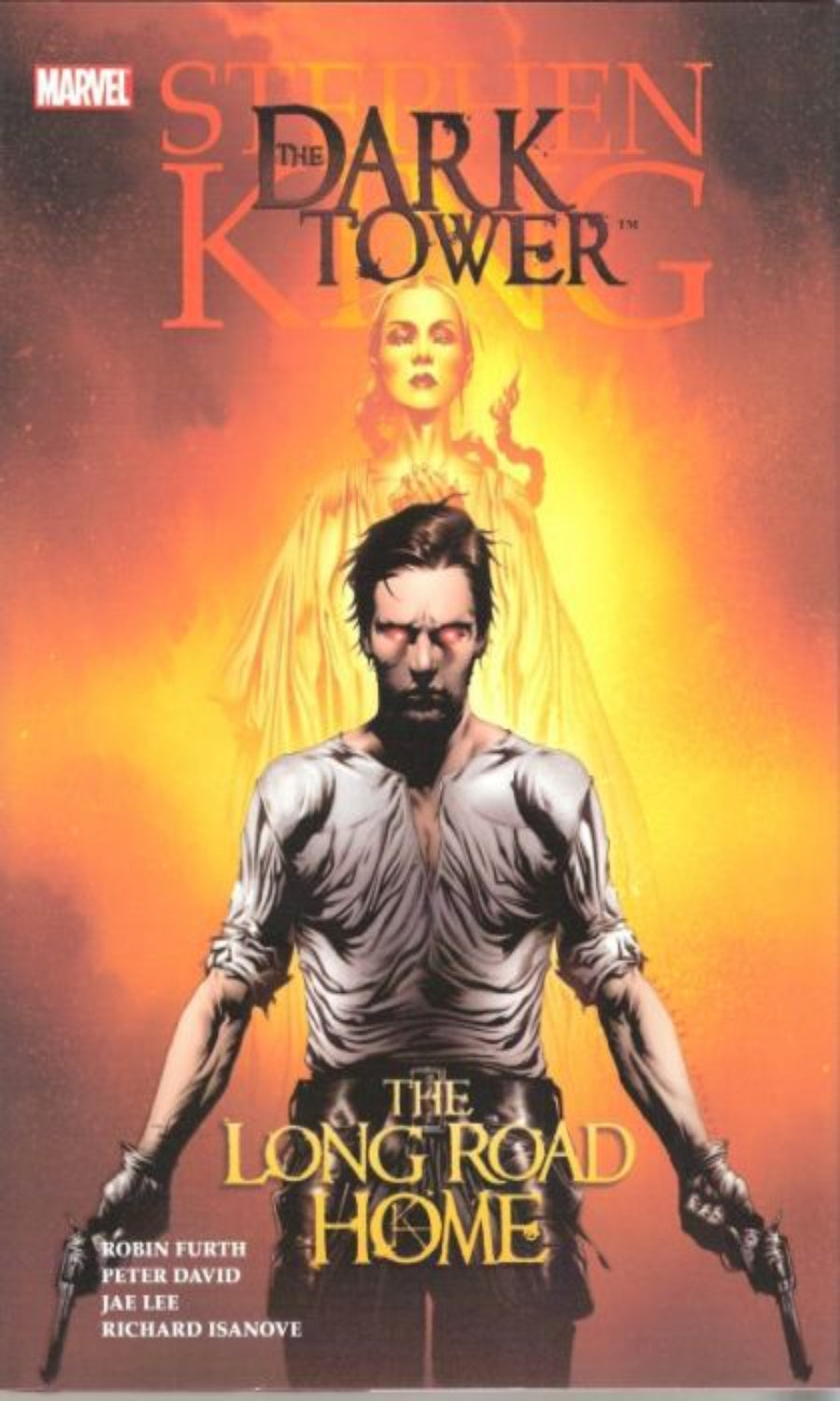 Comic book cover of 'The Dark Tower: The Long Road Home' featuring a character with a gun and a glowing figure.