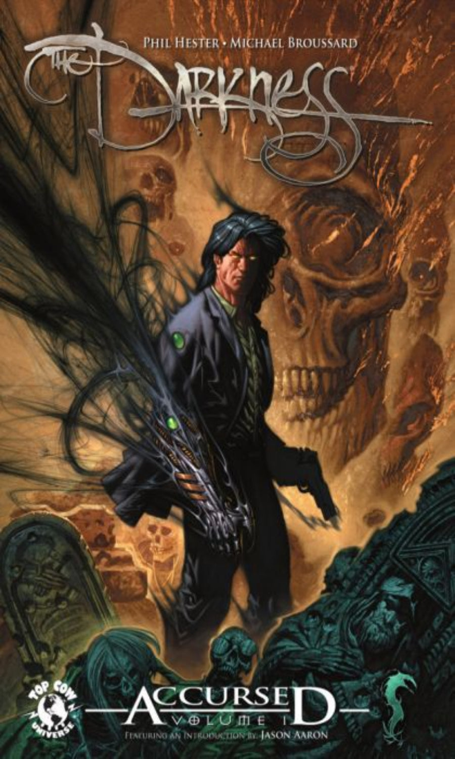 Comic book cover featuring a character with a dragon and skull design, titled 'The Darkness: Accursed'.