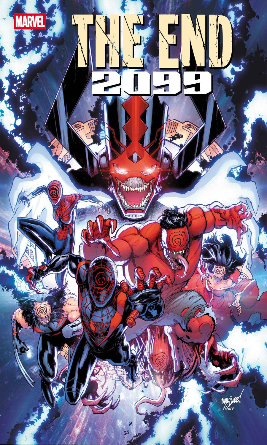 Comic book cover featuring superhero characters with 'The End 2099' title and Marvel logo.