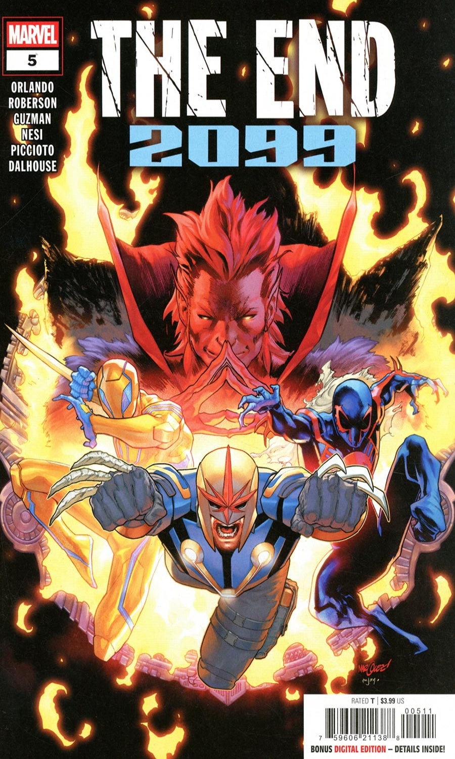 Comic book cover featuring characters from 'The End 2099' with fiery background