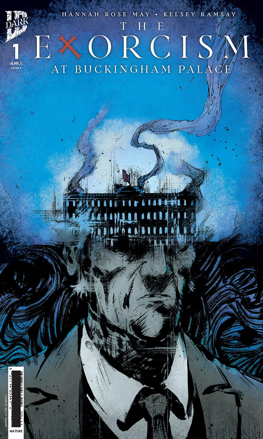 Comic book cover titled 'The Exorcism at Buckingham Palace' with a stylized illustration of a man's face and palace.