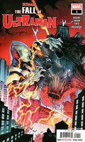 Comic book cover featuring 'The Fall of Ultraman' with a superhero character and cityscape background.