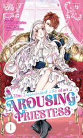 Manga cover of 'The Inconvenient Life of an Arousing Priestess' with two characters in formal attire on a pink background.