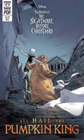 Comic book cover for Tokyo Pop! featuring Disney's Tim Burton's The Nightmare Before Christmas, showing Jack Skellington and Sally on a dark street with a white ghost and the text 'All Hail the Pumpkin King'.