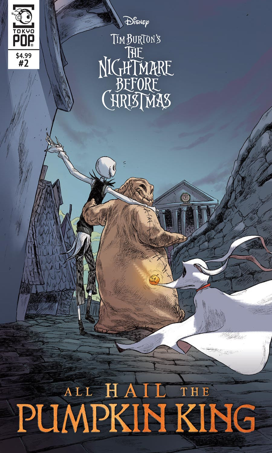 Comic book cover for Tokyo Pop! featuring Disney's Tim Burton's The Nightmare Before Christmas, showing Jack Skellington and Sally on a dark street with a white ghost and the text 'All Hail the Pumpkin King'.