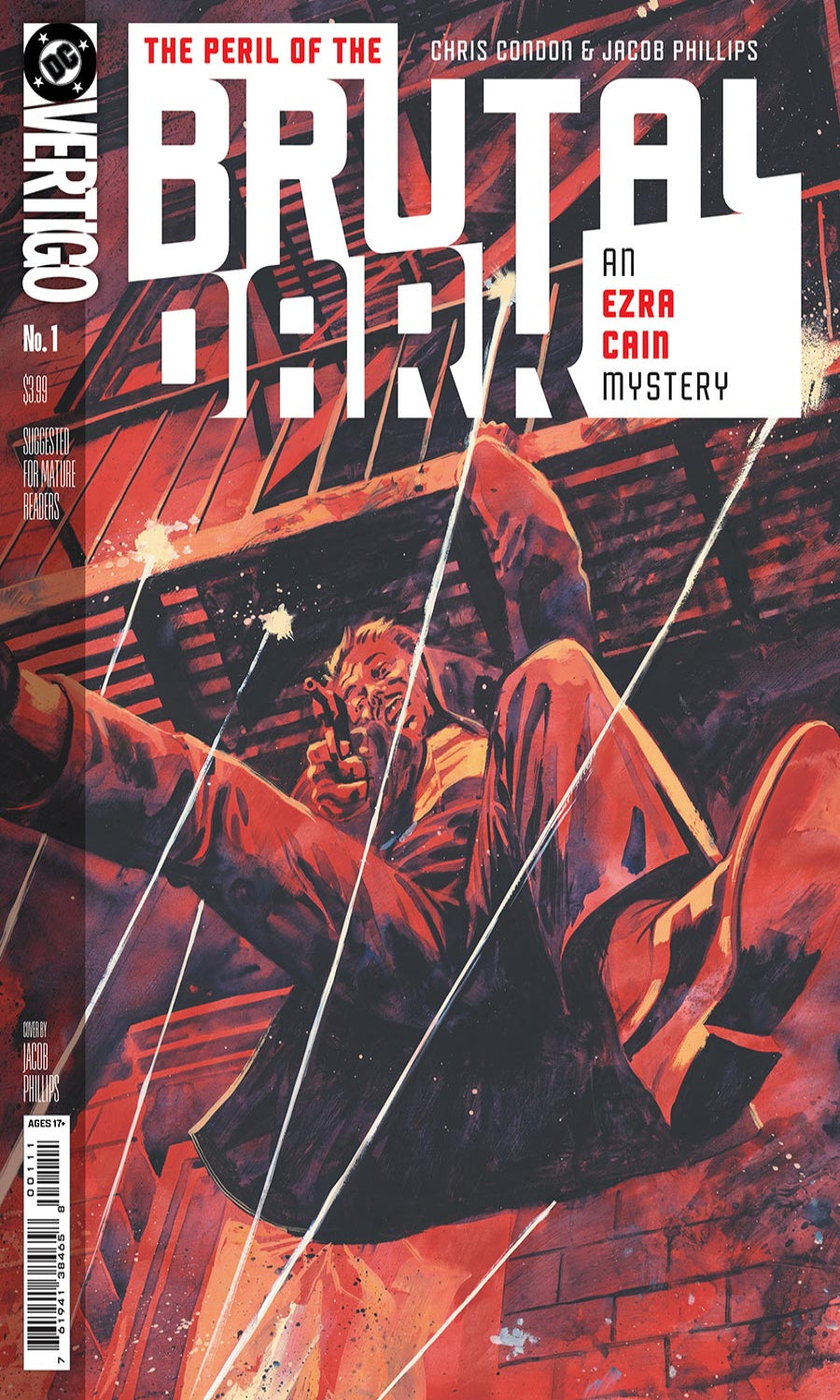 Comic book cover featuring a dramatic scene with a person falling, titled 'The Peril of the Brutal'.