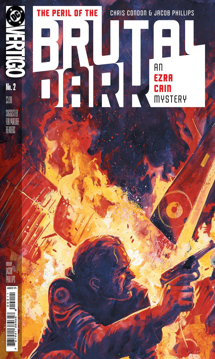 Comic book cover featuring a character holding a gun with flames and a chainsaw in the background
