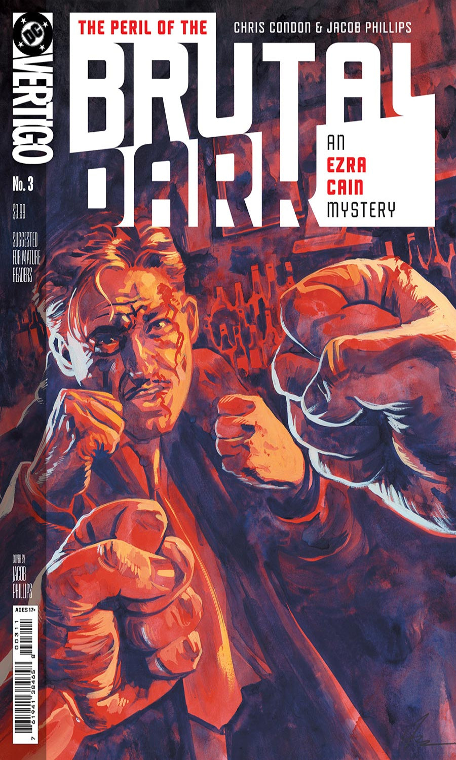 Comic book cover featuring a character with fists raised, with text about 'The Peril of the Brutal Peter' and 'Ezra Cain'.
