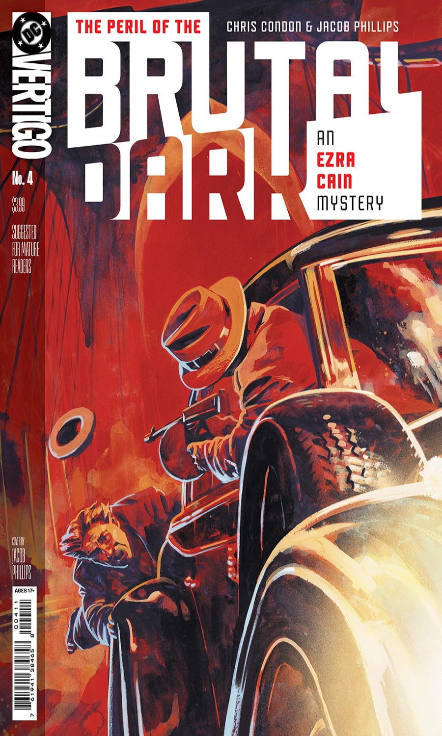 Comic book cover of 'The Peril of the Brutal Dark' featuring a car and a person with a hat.