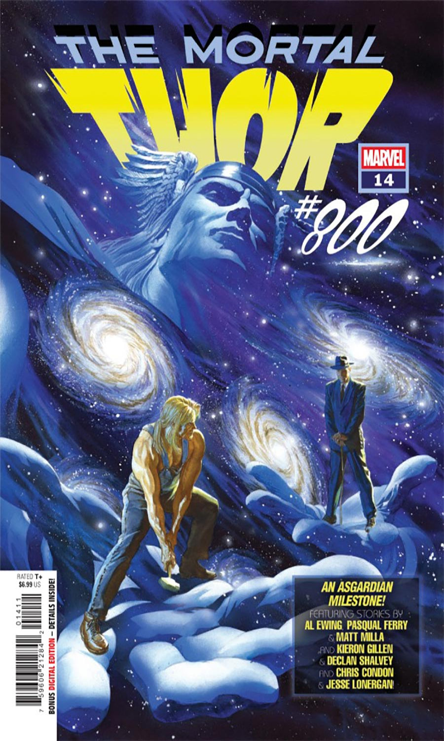 Comic book cover for Marvel's The Mortal Thor #14, featuring a cosmic blue and purple illustration with swirling galaxies, a large blue face in the background, and two human figures in a space scene. The title 'THE MORTAL THOR' appears prominently at the top, with the Marvel logo in the upper right.