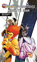 Comic book cover featuring characters from ThunderCats and Silverhawks with a dynamic pose and space-themed background.