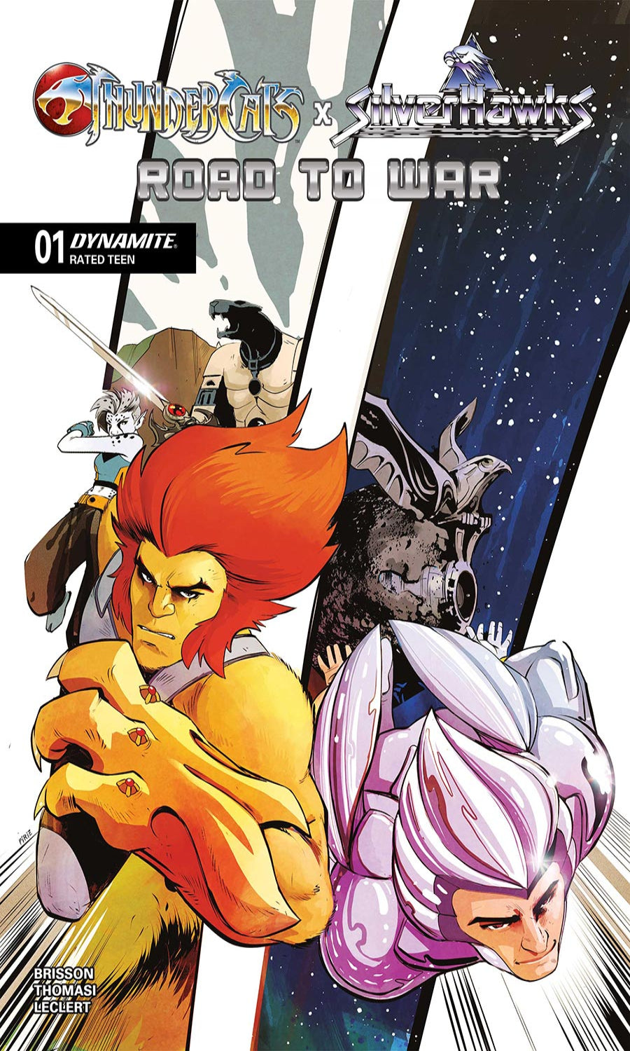 Comic book cover featuring characters from ThunderCats and Silverhawks with a dynamic pose and space-themed background.