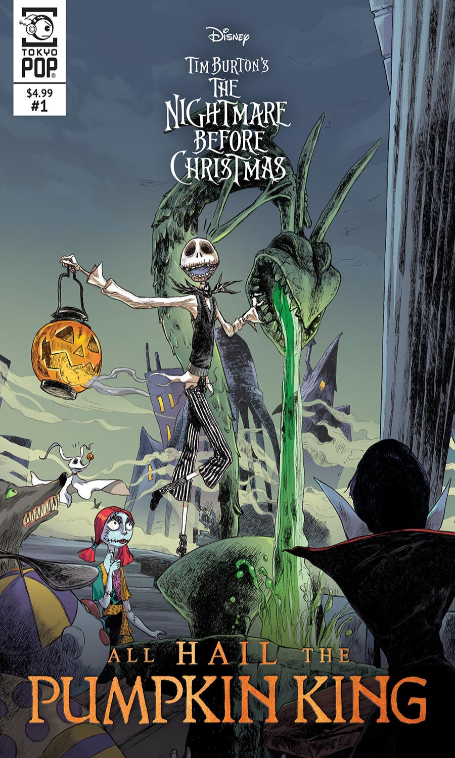 Comic book cover of 'The Nightmare Before Christmas' featuring Jack Skellington and Sally.