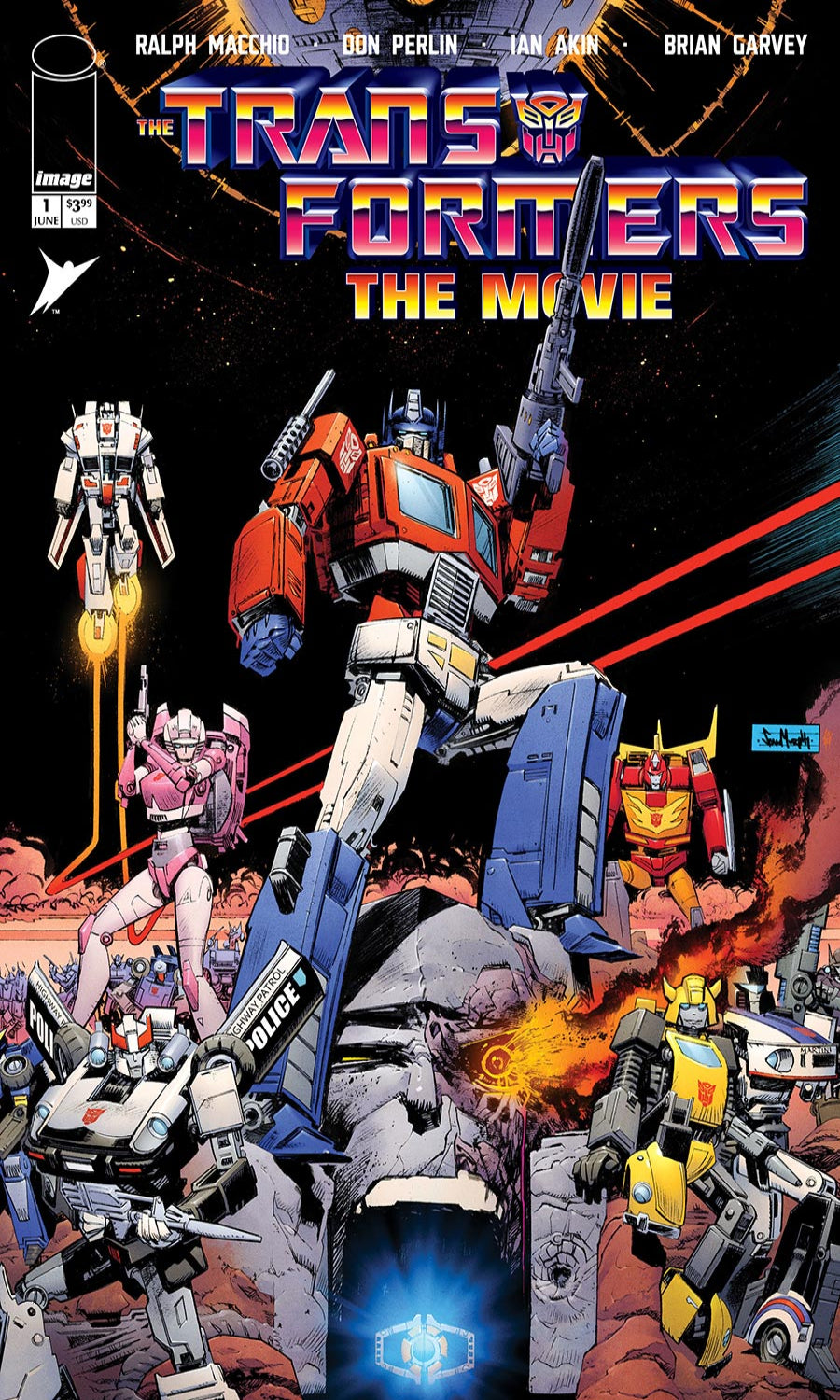 Comic book cover featuring Transformers characters in action