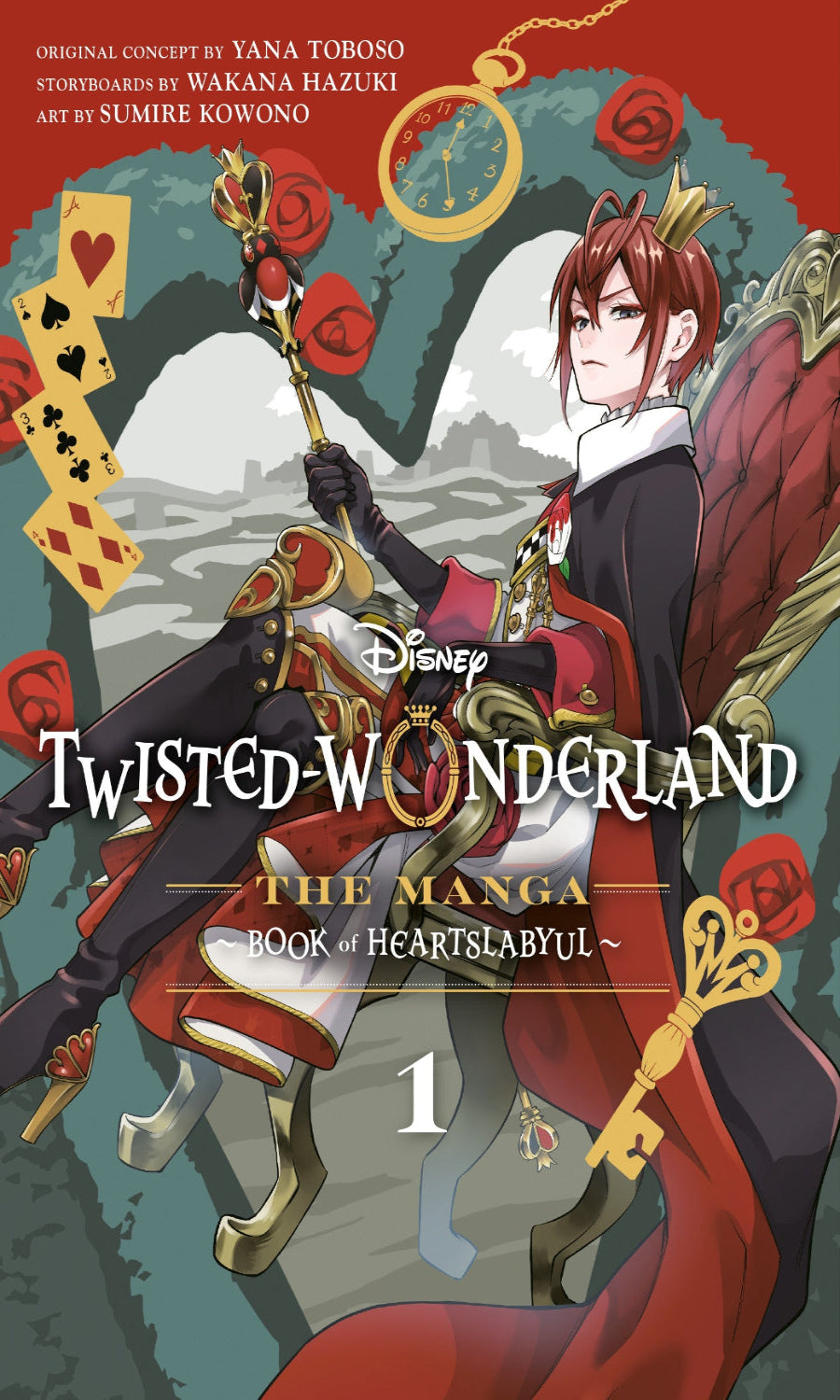 Cover of 'Twisted Wonderland' manga with character holding a staff and cards, set against a snowy mountain background.