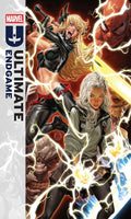 Comic book cover featuring Marvel characters with dynamic poses and energy effects.