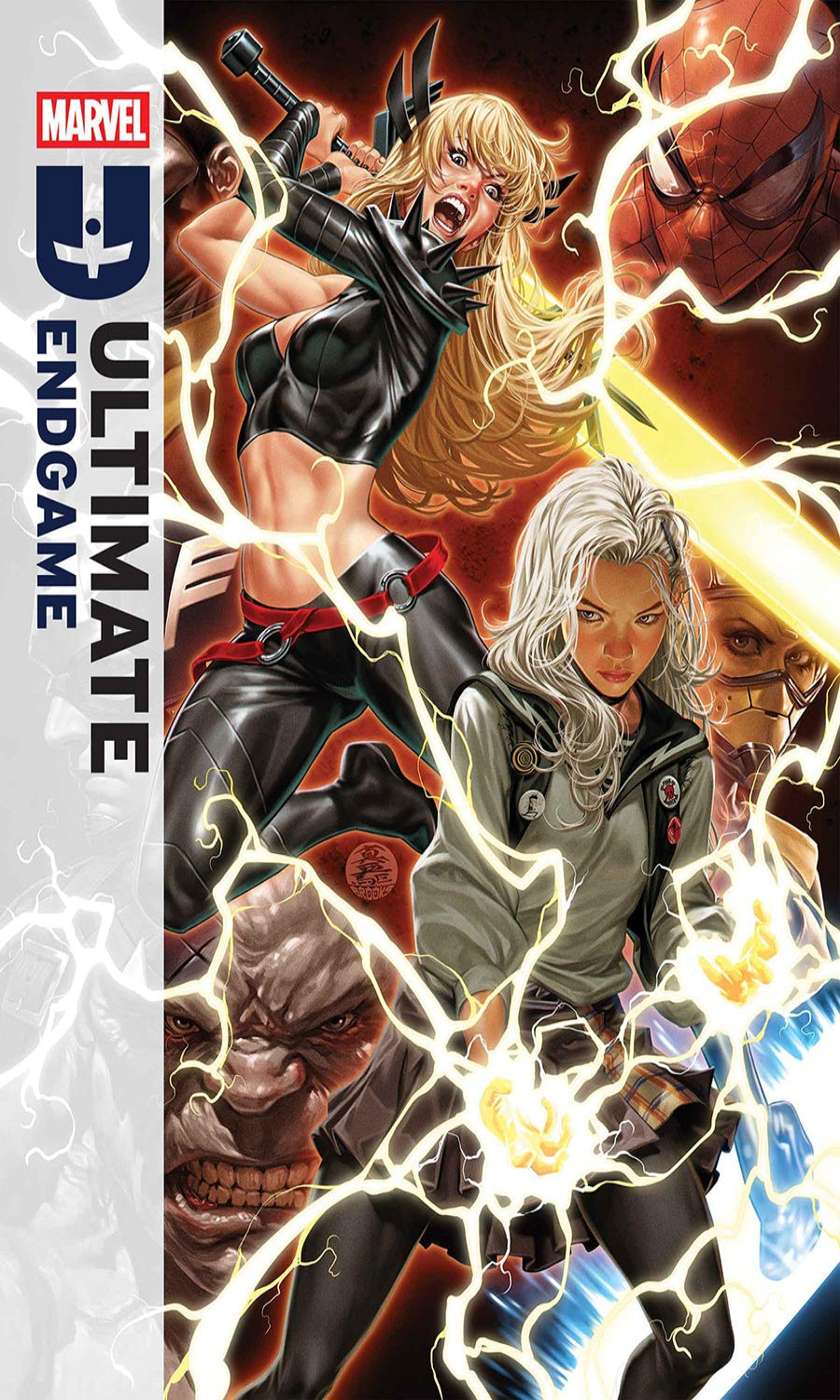 Comic book cover featuring Marvel characters with dynamic poses and energy effects.