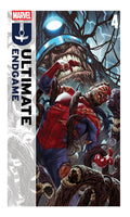Comic book cover featuring a superhero in a dynamic pose with a monstrous creature and 'Marvel Ultimate Endgame' branding.