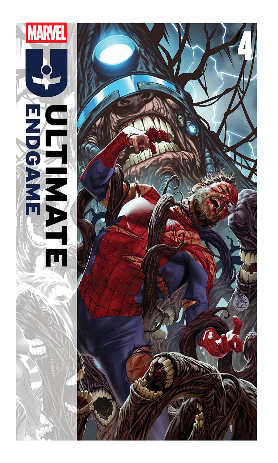 Comic book cover featuring a superhero in a dynamic pose with a monstrous creature and 'Marvel Ultimate Endgame' branding.