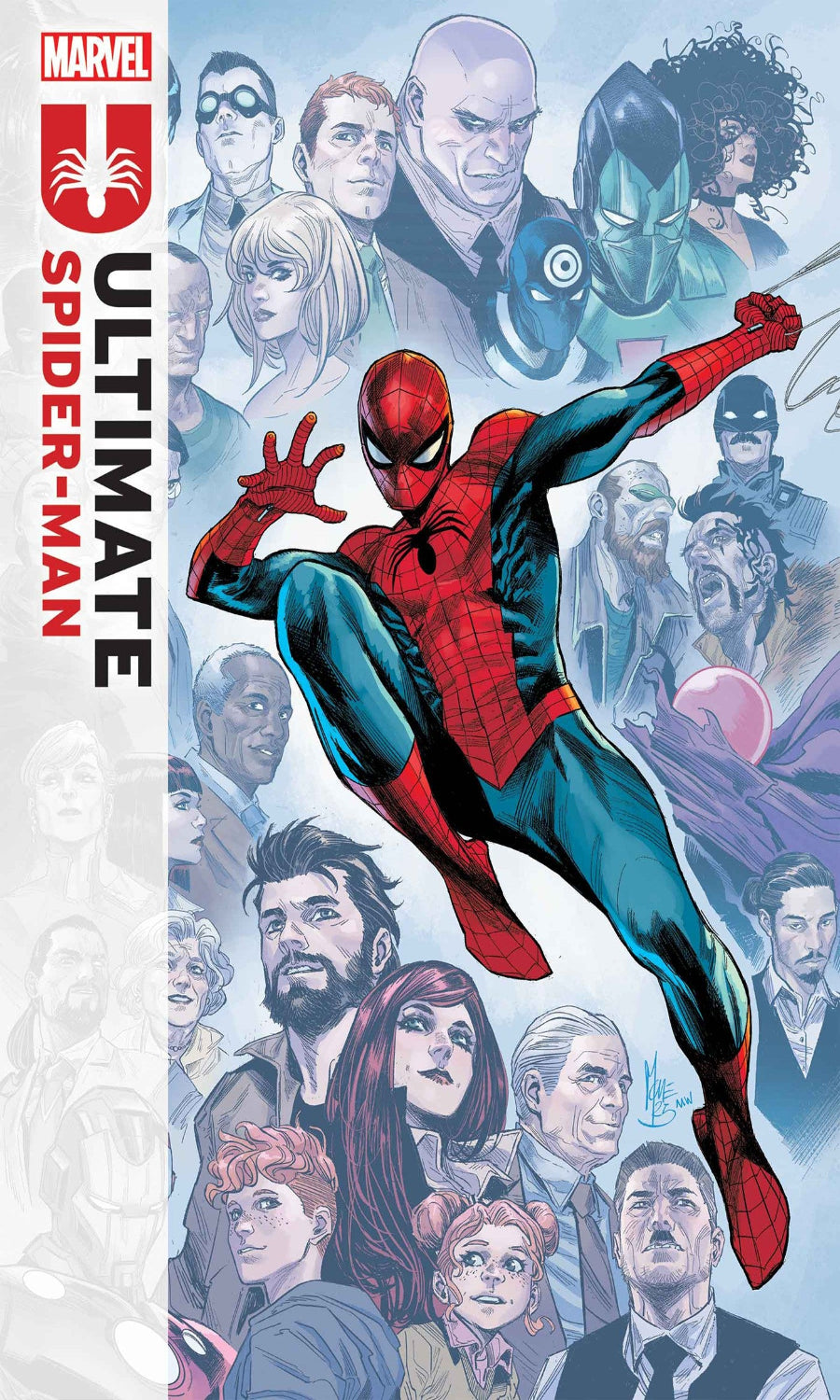 Comic book cover featuring Spider-Man with Marvel characters in the background