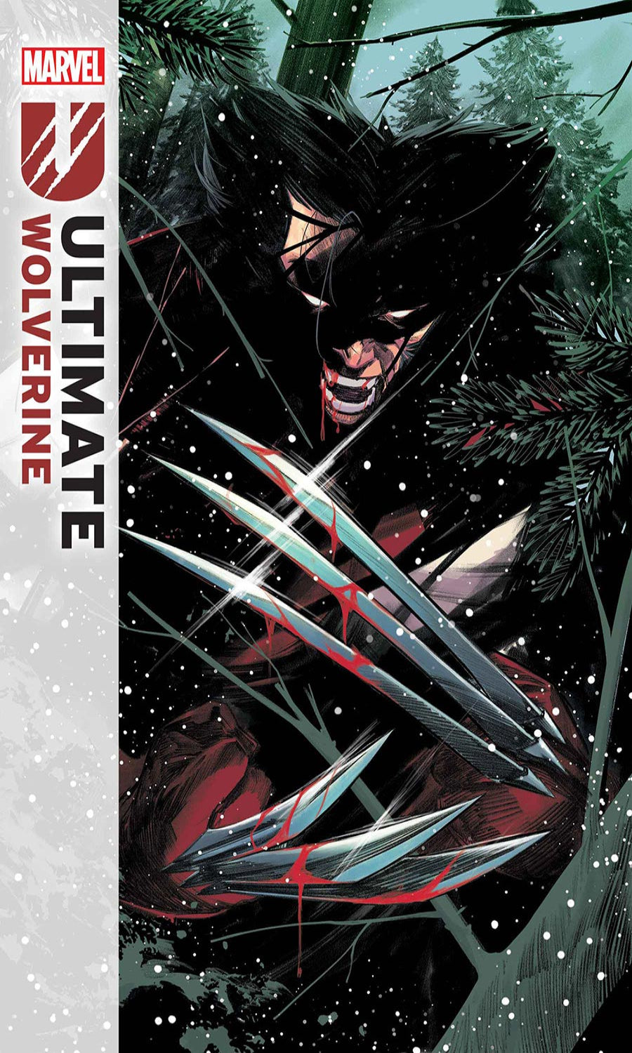 Comic book cover featuring Wolverine in a snowy forest with Marvel logo on the side.