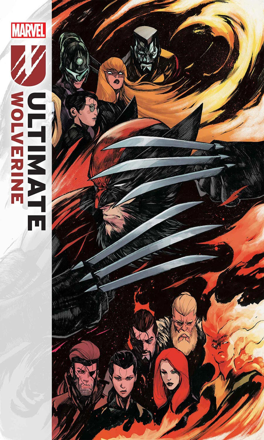 Marvel Ultimate Wolverine comic book cover with characters and claws.