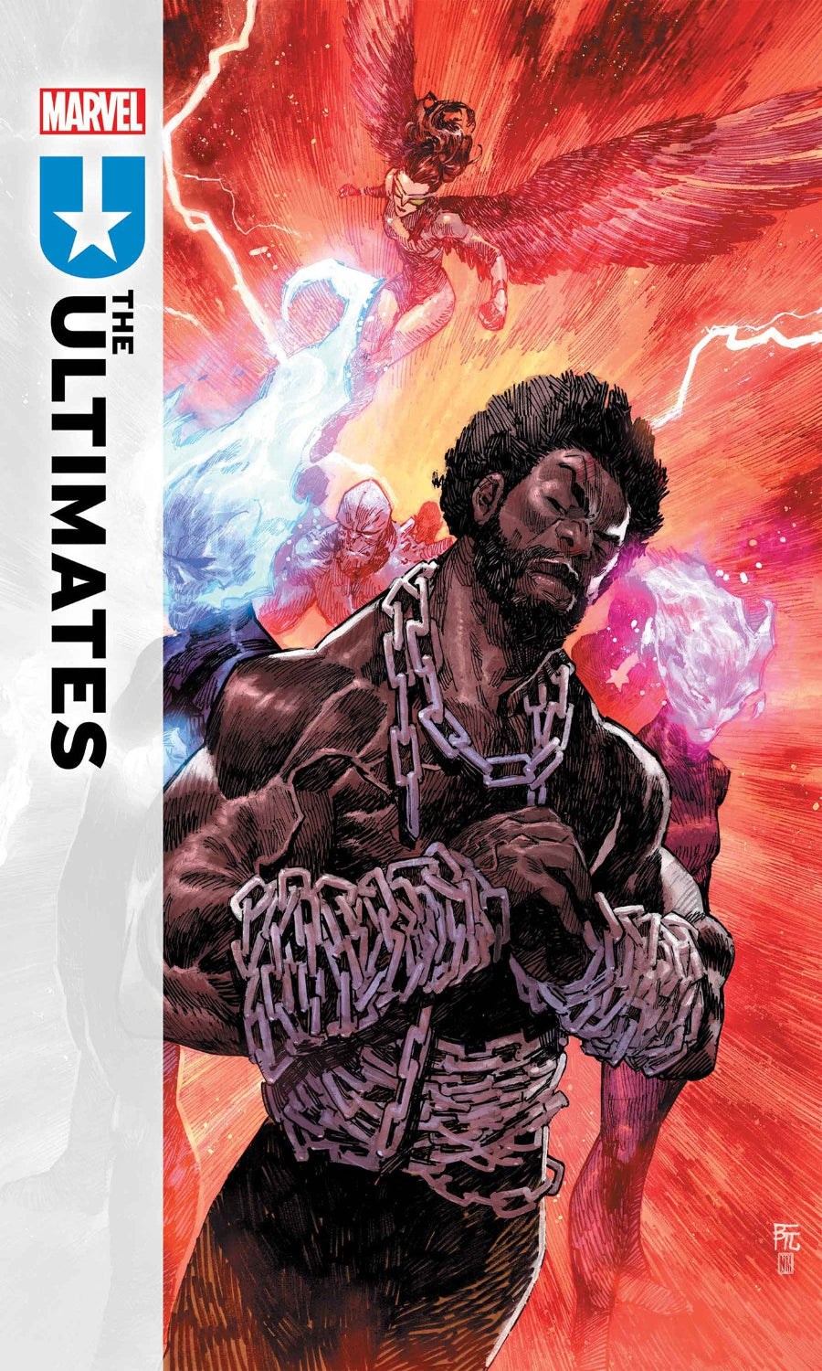 Comic book cover featuring a character from 'The Ultimates' with vibrant colors and dynamic pose.
