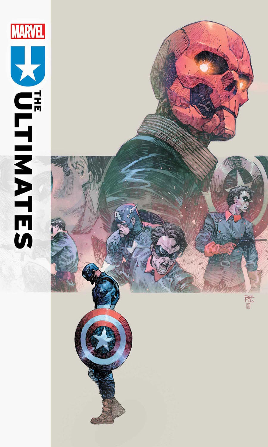 Comic book cover featuring characters from 'The Ultimates' with Marvel logo.