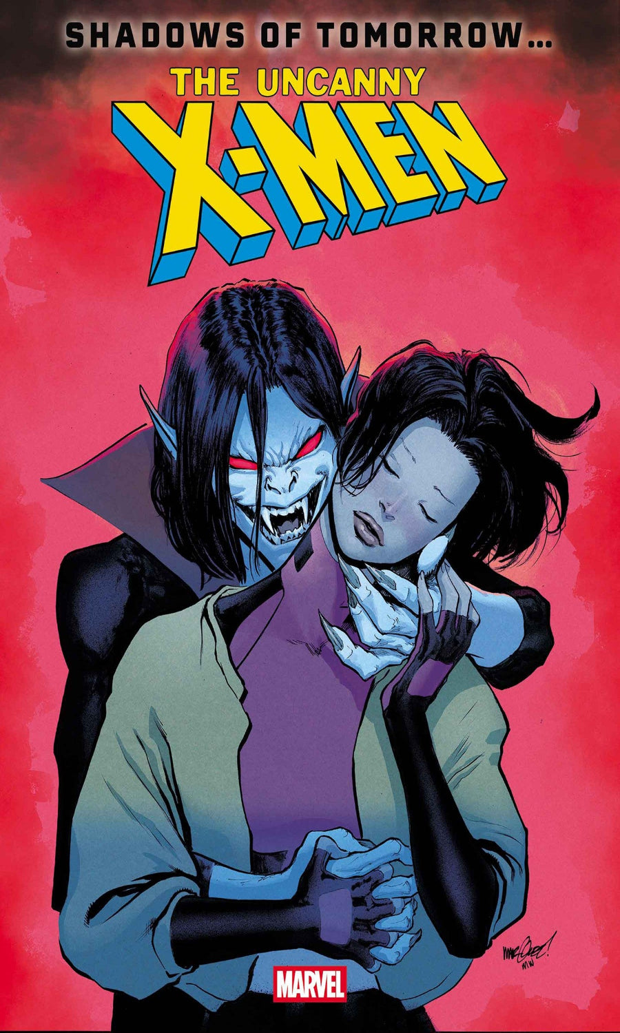 Comic book cover of 'The Uncanny X-Men' with two characters embracing against a red background.