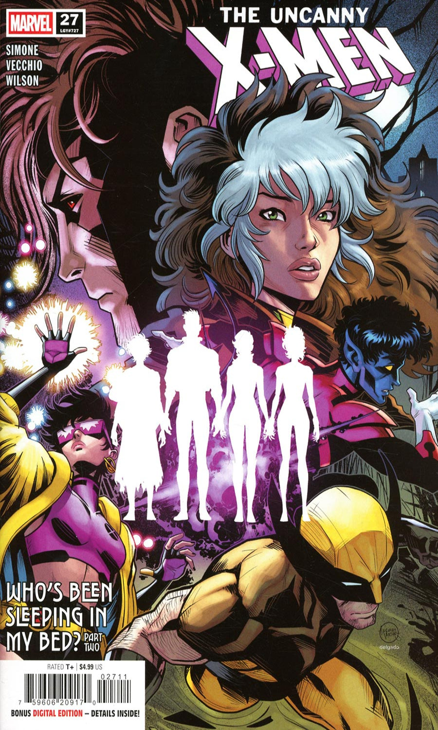 Comic book cover featuring characters from 'The Uncanny X-Men' with a focus on a central character with white hair.
