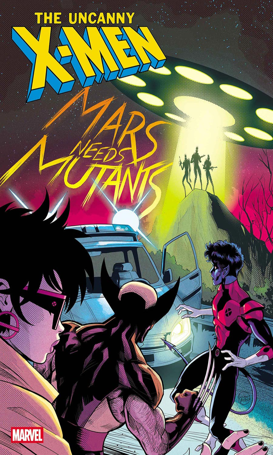 Comic book cover of 'The Uncanny X-Men: Mars Needs Mutants' with characters and spaceship in the background.