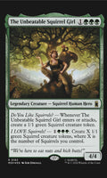 Trading card featuring 'The Unbeatable Squirrel Girl' with a fantasy illustration of a girl and squirrel.