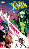 Comic book cover art for Marvel's The Uncanny X-Men, featuring the title in large yellow letters at the top and a dynamic illustrated battle scene with multiple X-Men characters in space against a pink and purple starry background.
