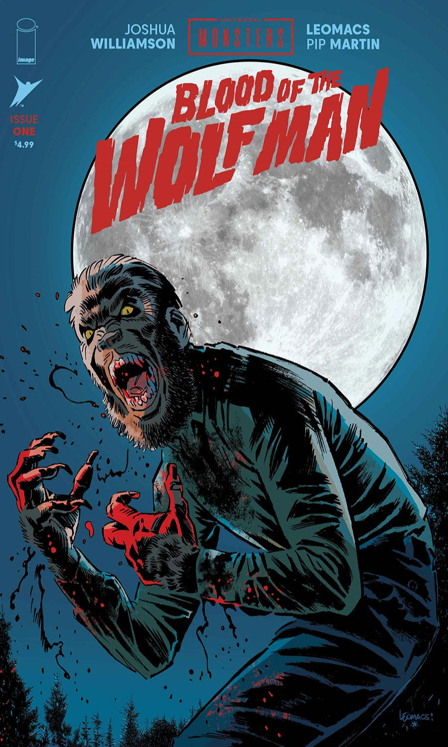 Comic book cover featuring a werewolf with blood on his hands against a moonlit sky.