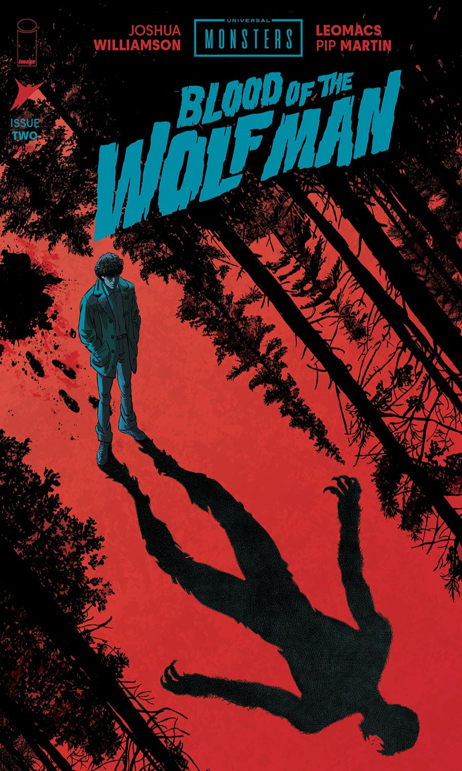 Comic book cover titled 'Blood of the Wolf Man' with a silhouette of a man and a wolf in a forest.