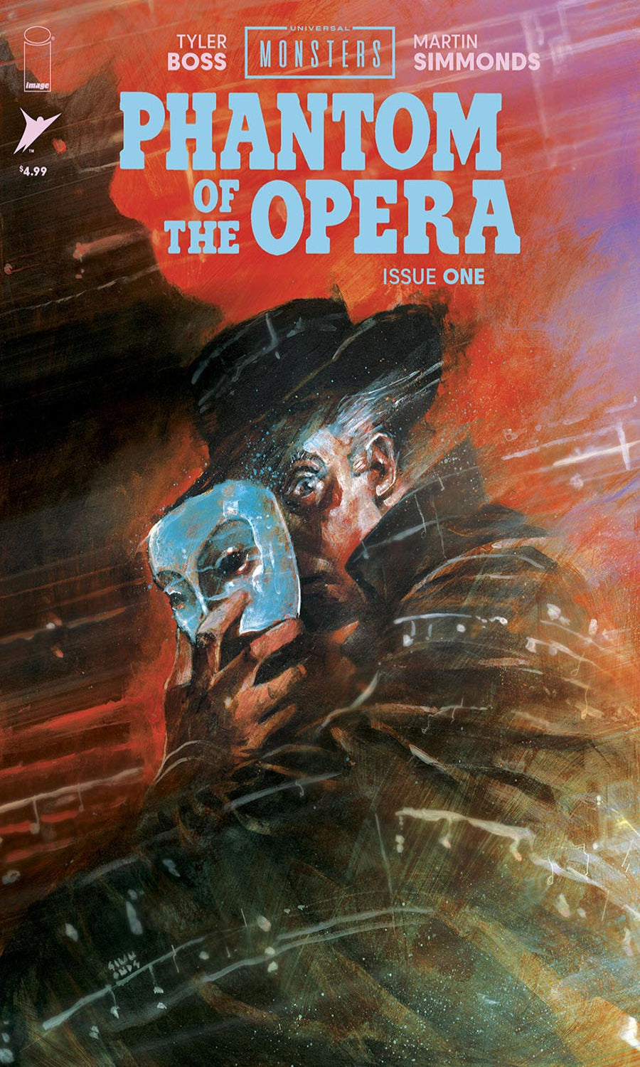 Comic book cover of 'Phantom of the Opera' with a masked figure holding a mask.
