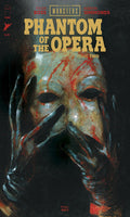 Comic book cover of 'Phantom of the Opera' with a mask and gloved hands on a dark background.