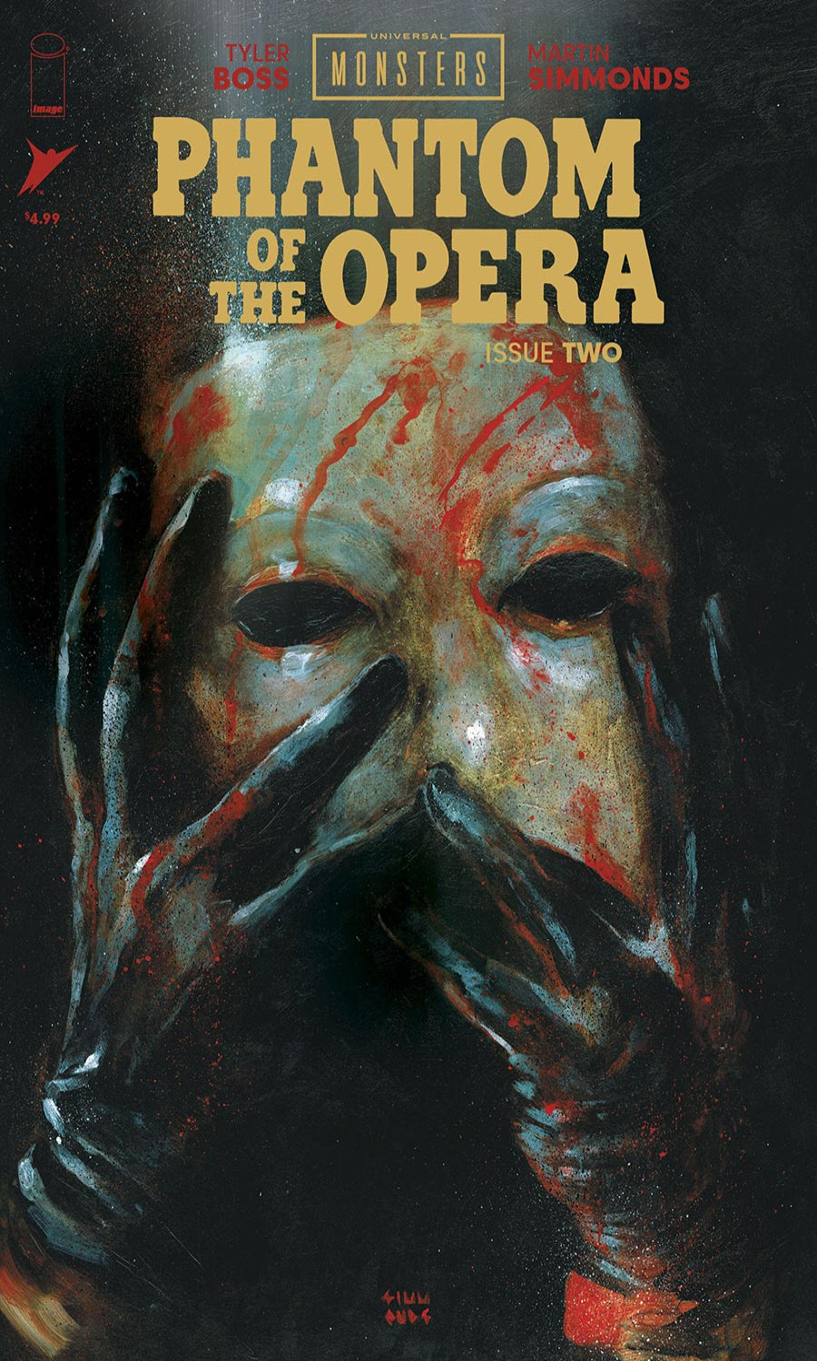 Comic book cover of 'Phantom of the Opera' with a mask and gloved hands on a dark background.